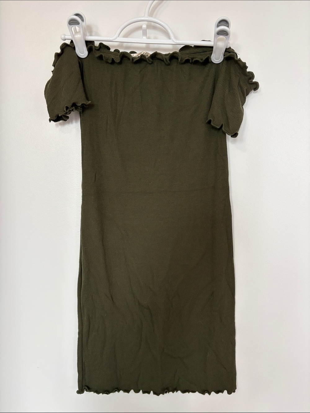 Heart Hips Olive Green Ribbed Off-Shoulder lettuce trim Dress